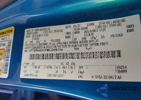 2021 Ford Ranger Xlt из США, поврежденный, VIN 1FTER4EHXMLD09724